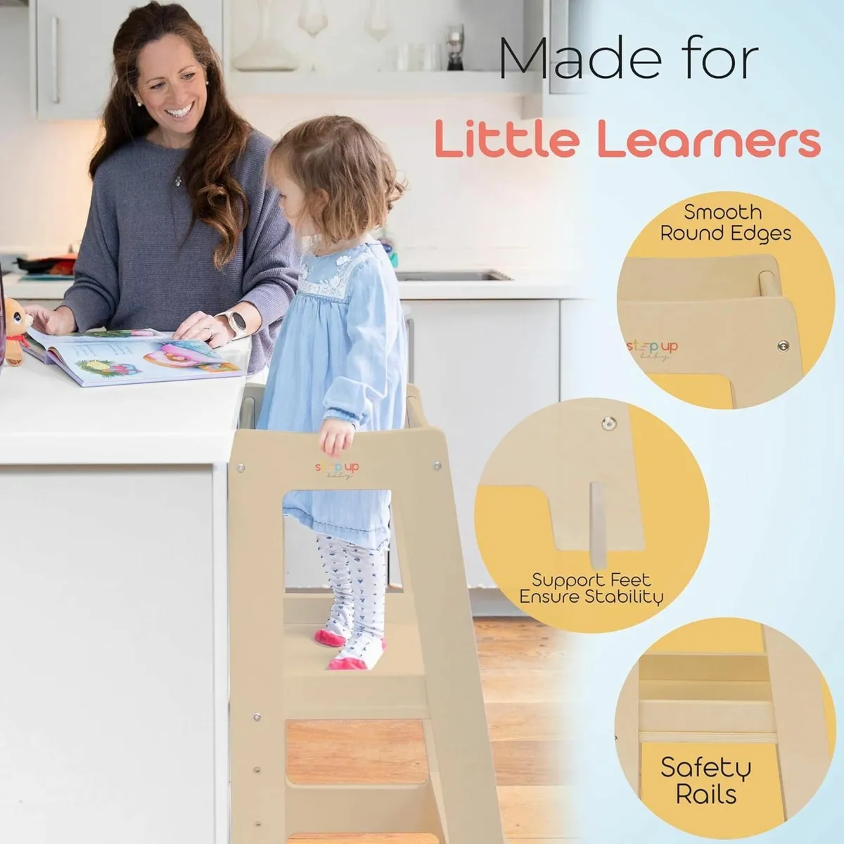 Toddler Tower with Adjustable Step Varnished - Image 3