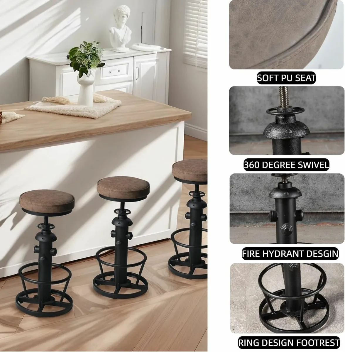 Industrial Bar Stools-Swivel Pu Seat-Vintage - Image 2