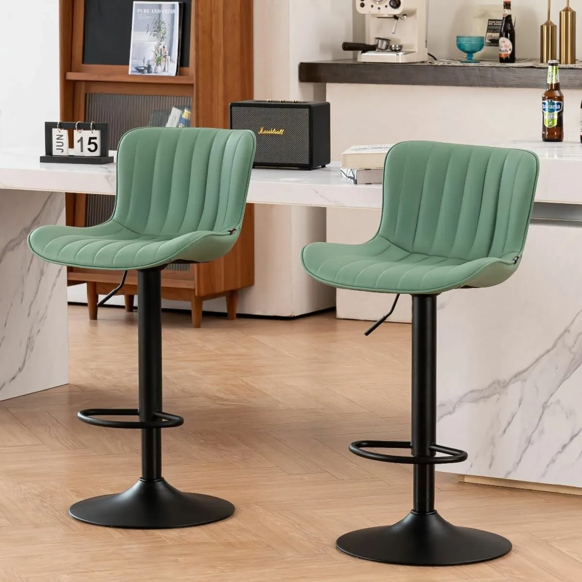 Bar Stools Set of 2 Swivel Barstools Faux Leather - Image 1