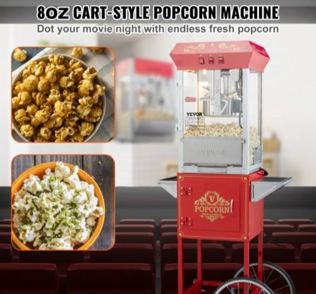 Popcorn Maker with Cart, 850W Popcorn Popper Machi - Image 2