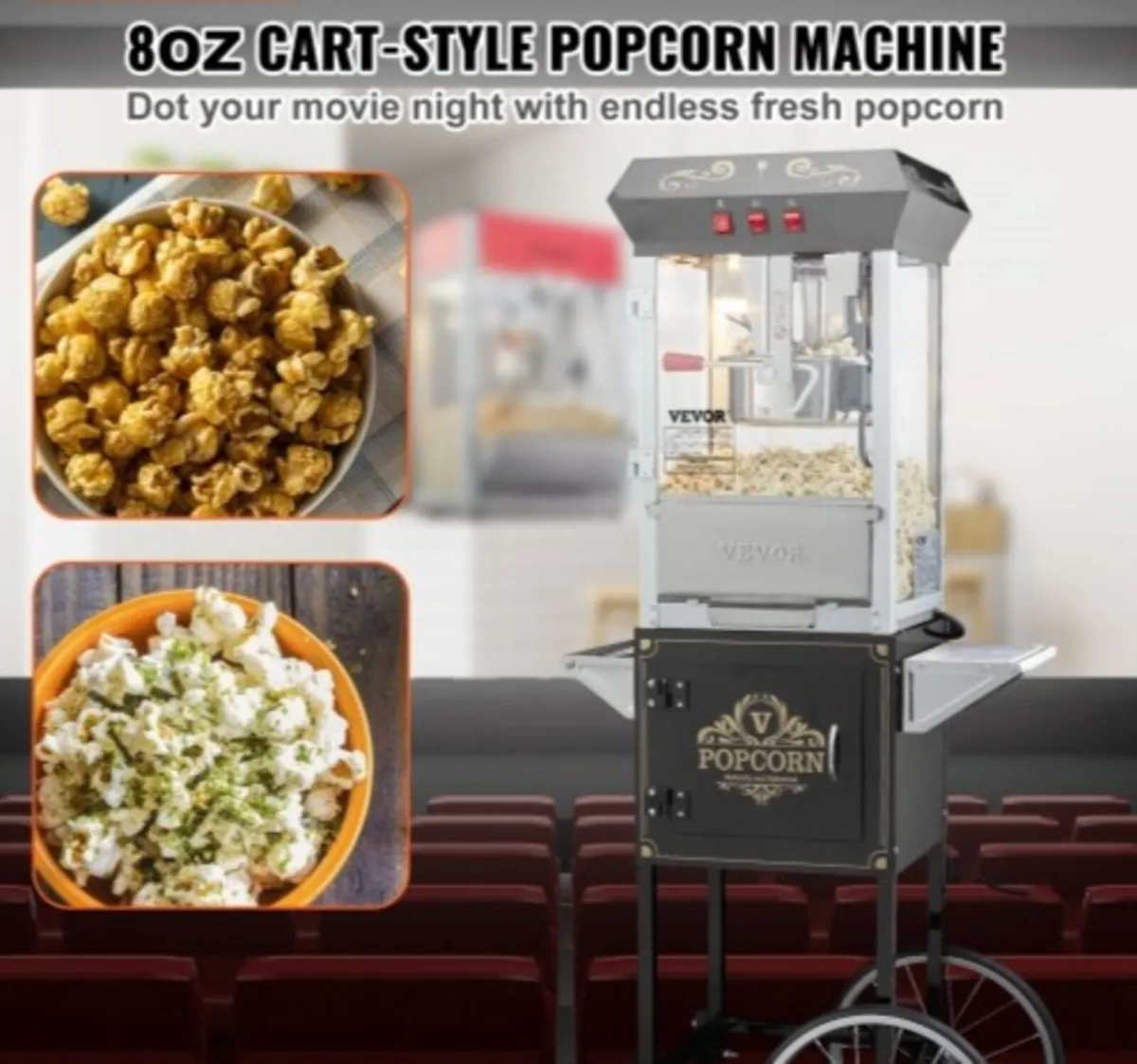 Popcorn Maker with Cart, 850W Popcorn Popper Machi - Image 2