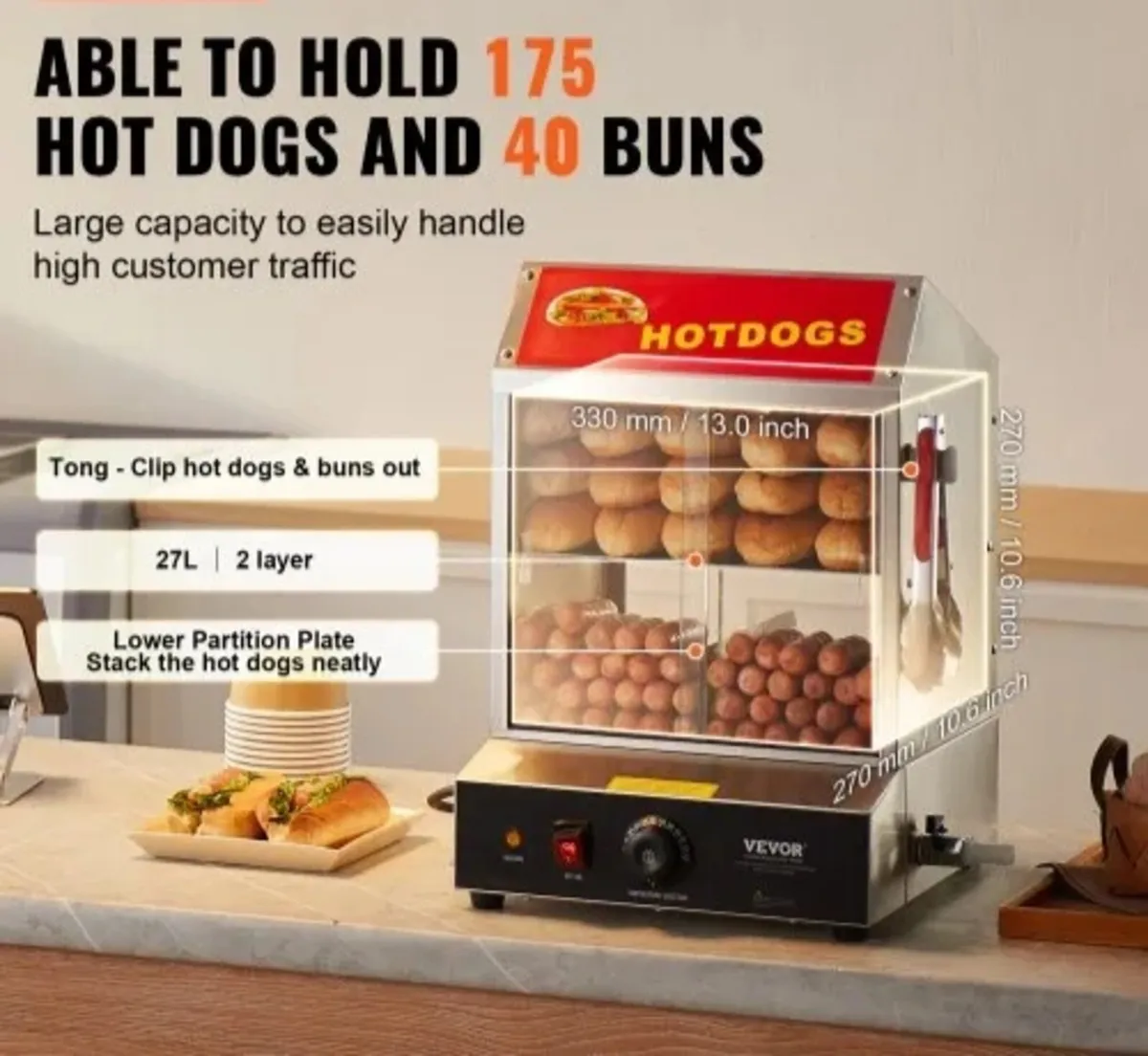 Hot Dog Steamer, 27L, 2-Tier Hot Dog Hut Steamer, - Image 2