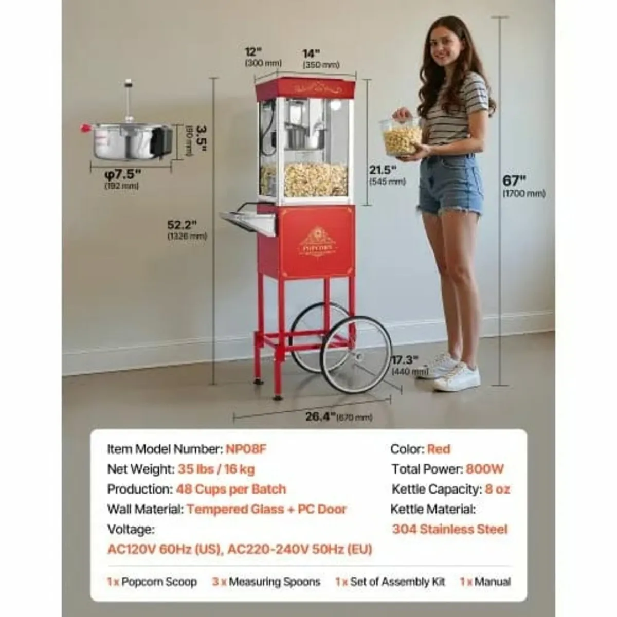 Popcorn Machine with Cart, 0.2kg Stainless Steel K - Image 3