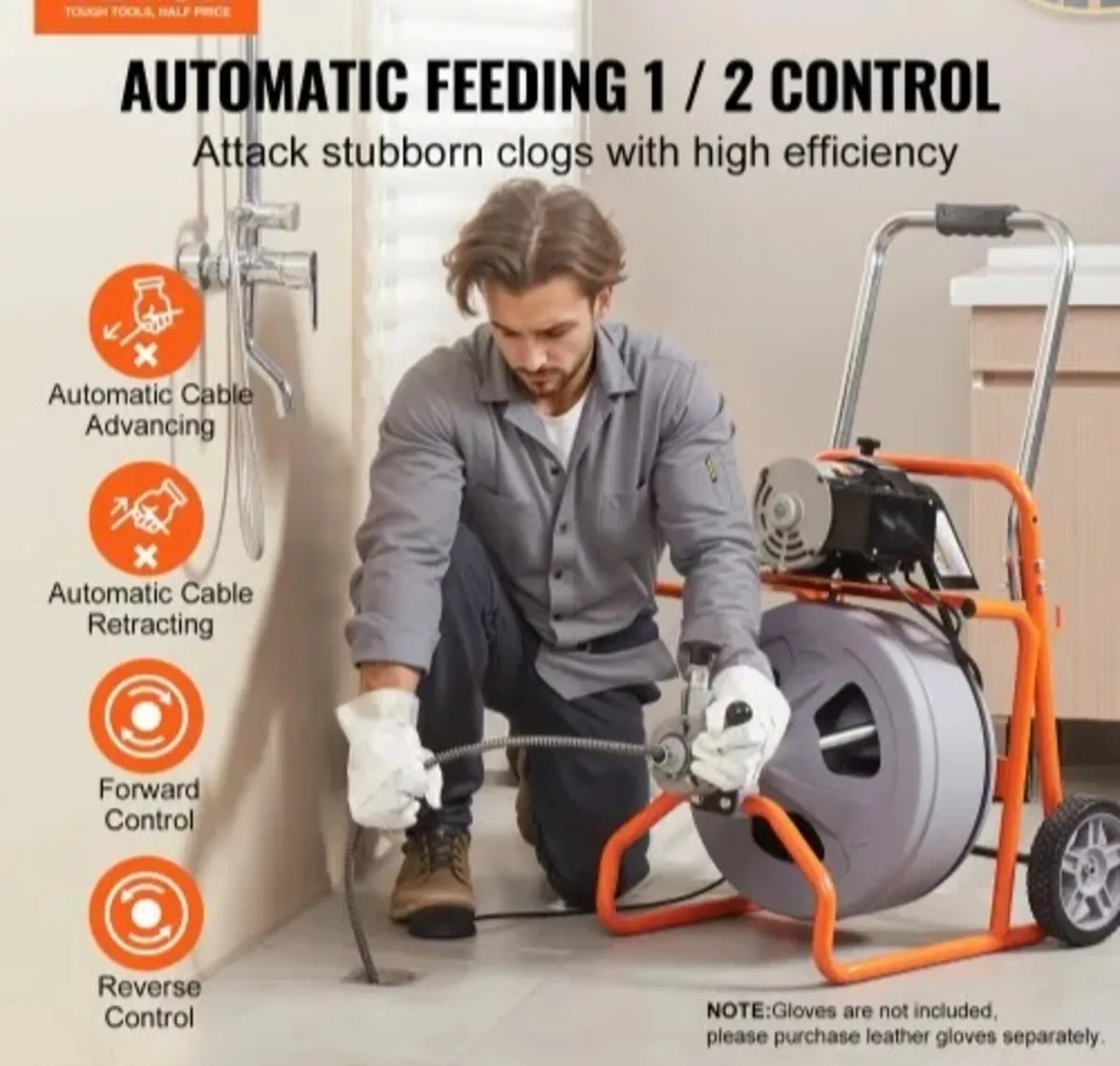 Drain Cleaner Machine 75FT x 1/2 Inch, Auto Feed S - Image 2