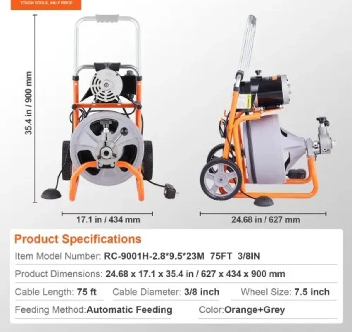 Drain Cleaner Machine 75FT x 3/8 Inch, Auto Feed S - Image 3