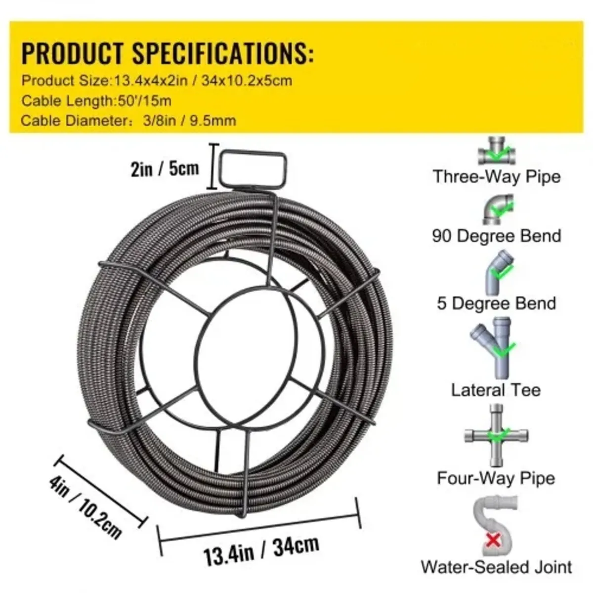 Drain Cleaning Cable 1524 cm x 1.0 cm Solid Core C - Image 3