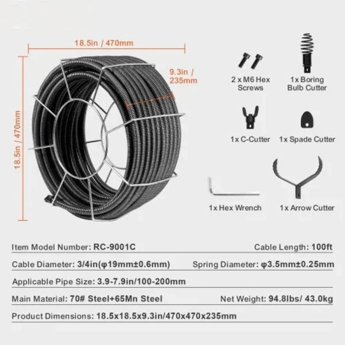 Drain Cleaning Cable 100 FT x 3/4 Inch, Solid Core - Image 3