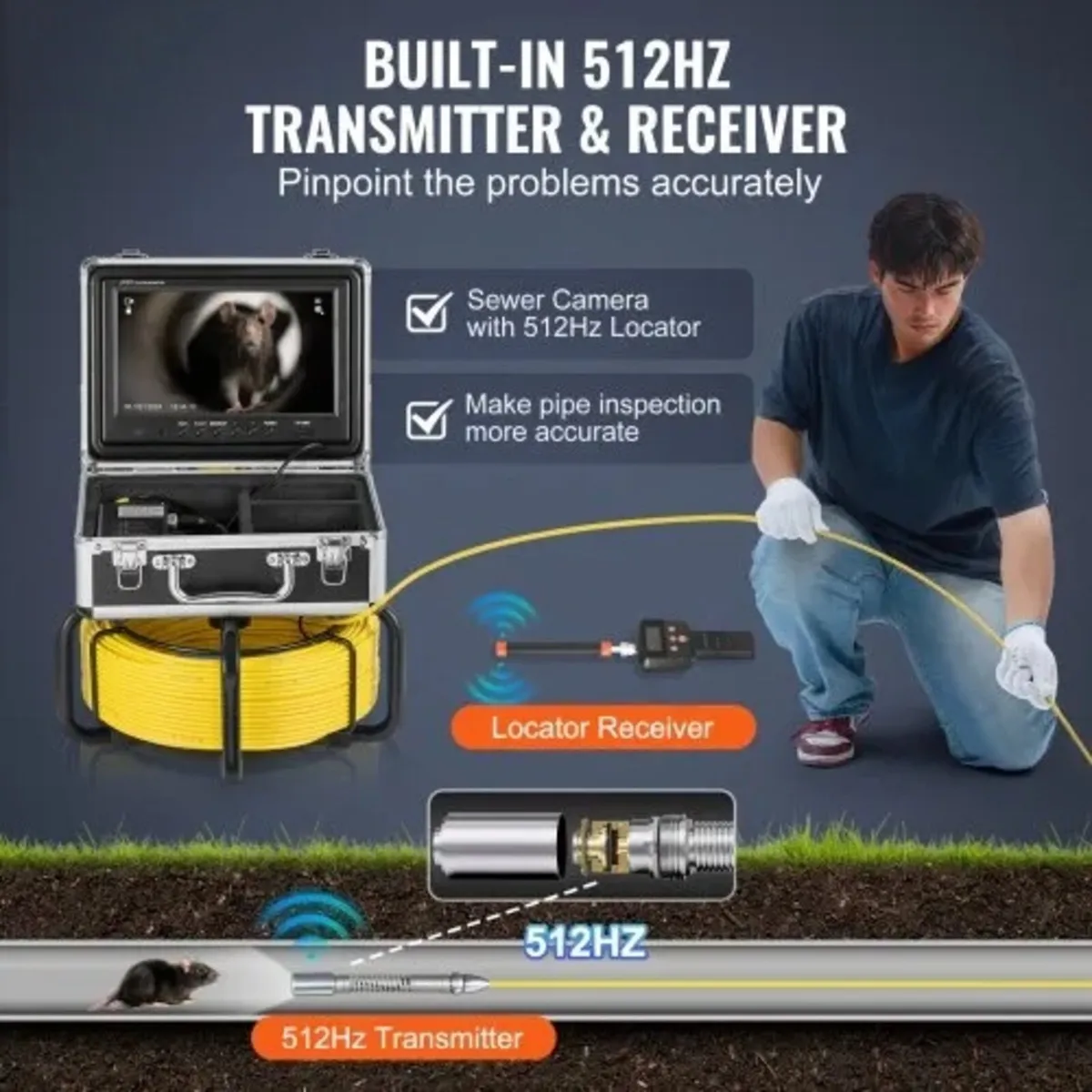 Sewer Camera with 512Hz Locator, 98 ft/30 m, Self- - Image 2