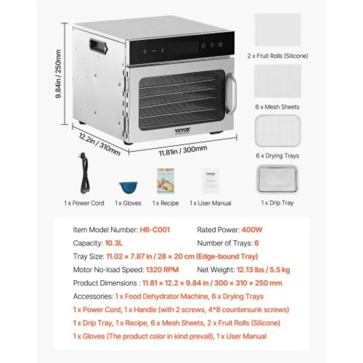 Food Dehydrator Machine, 6 Stainless Steel Trays, - Image 4