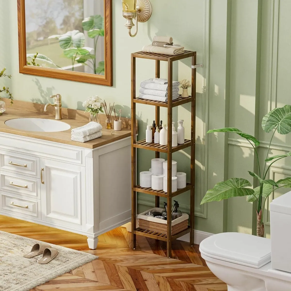 Bathroom Storage Shelf 5-Tier Bamboo Rack - Image 2