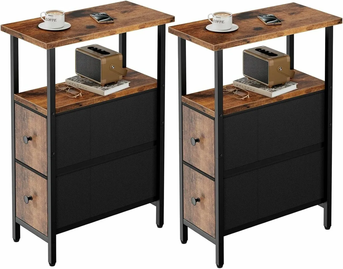 Narrow Side Table Set of 2 Slim Bedside with - Image 1