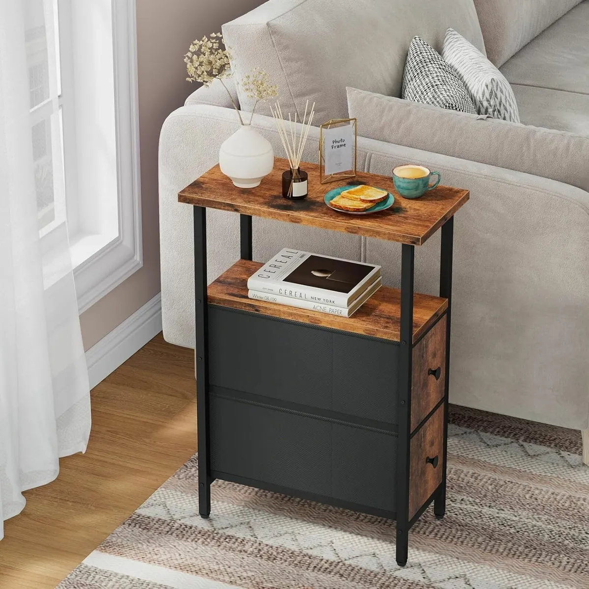 Narrow Side Table Set of 2 Slim Bedside with - Image 2