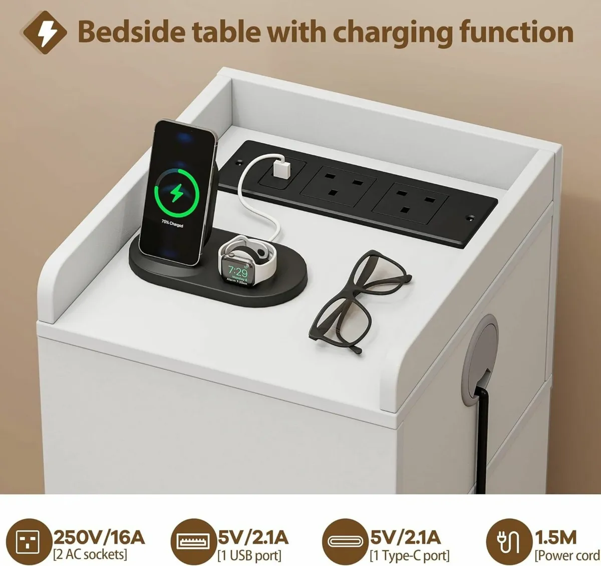 Narrow Bedside Table set of 2 with Sensor LED - Image 4