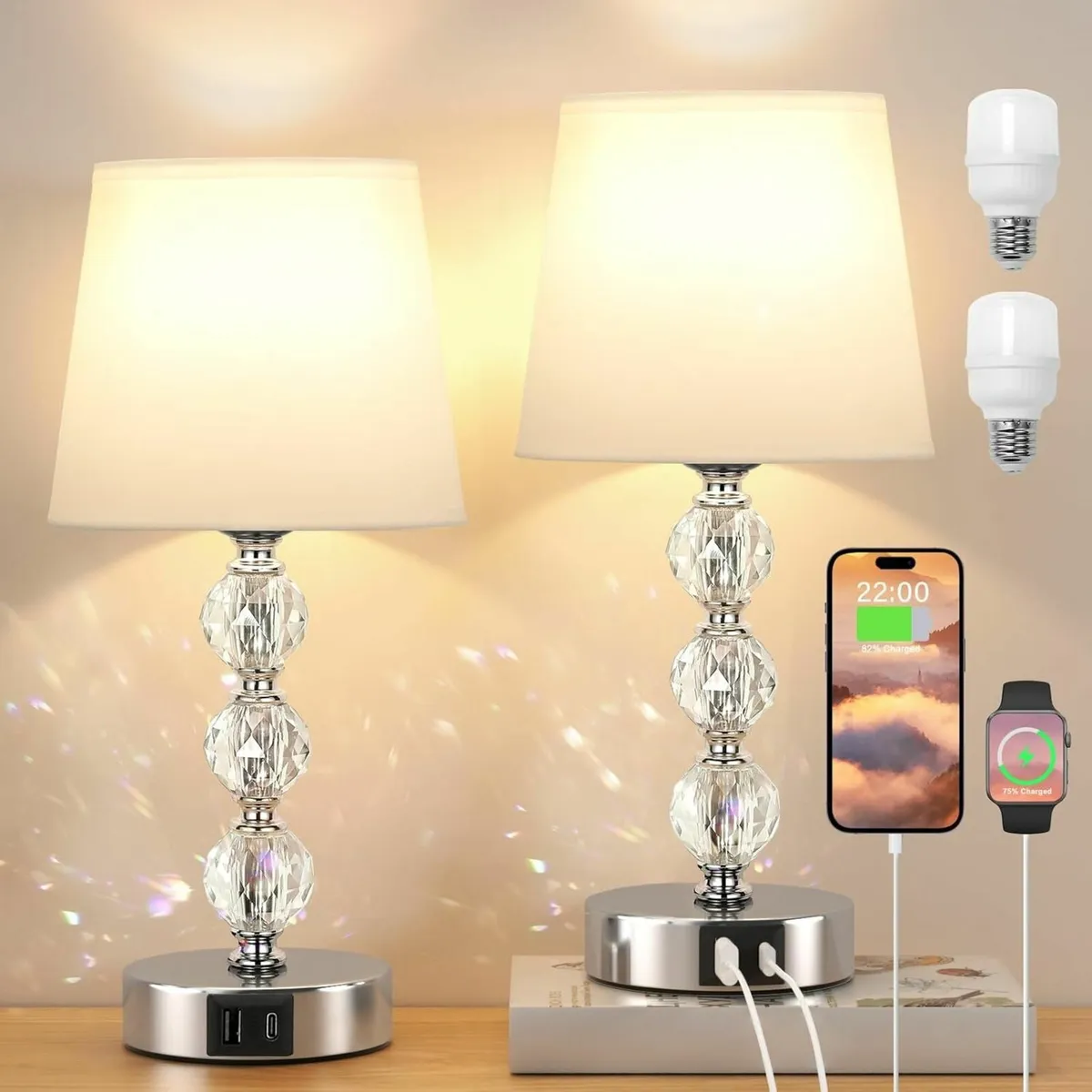 Crystal Touch Lamps Bedside Set of 2 Small with 3 - Image 1