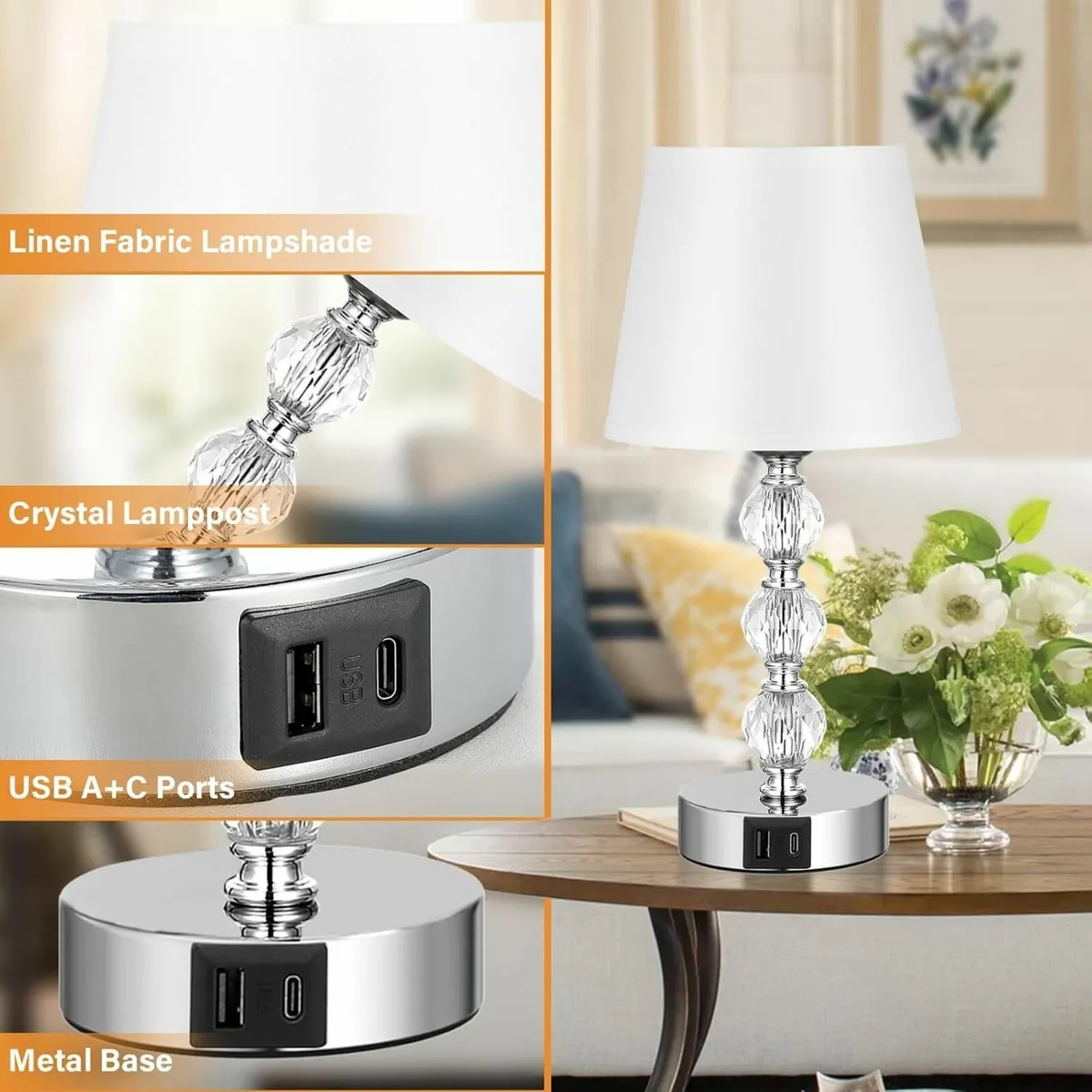 Crystal Touch Lamps Bedside Set of 2 Small with 3 - Image 4