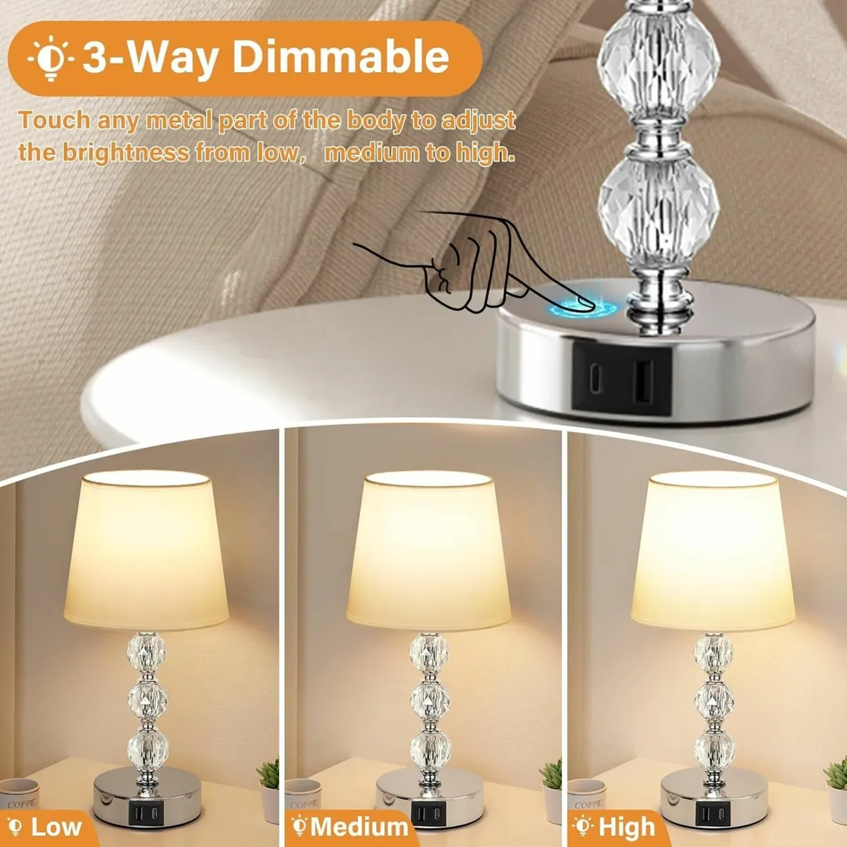 Crystal Touch Lamps Bedside Set of 2 Small with 3 - Image 2