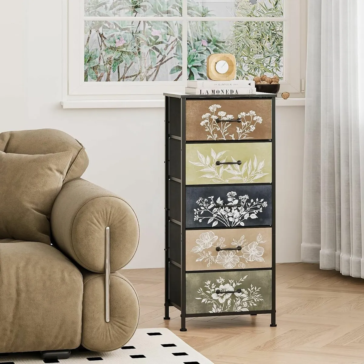 Tall Chest of Drawers with 5 Fabric Drawer - Image 1