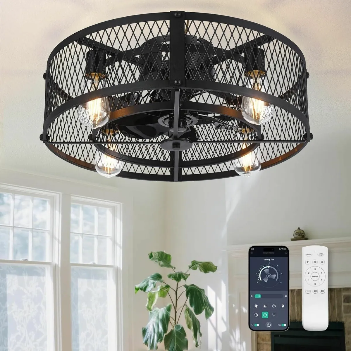 Caged Ceiling Fan with Light: 20 Inch Remote APP - Image 1