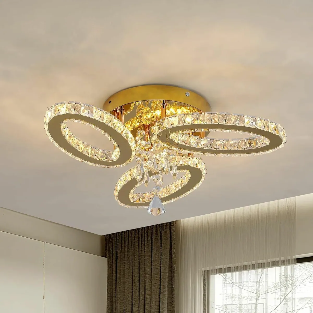 Modern Crystal Chandelier LED 3-Oval Gold Flush - Image 1