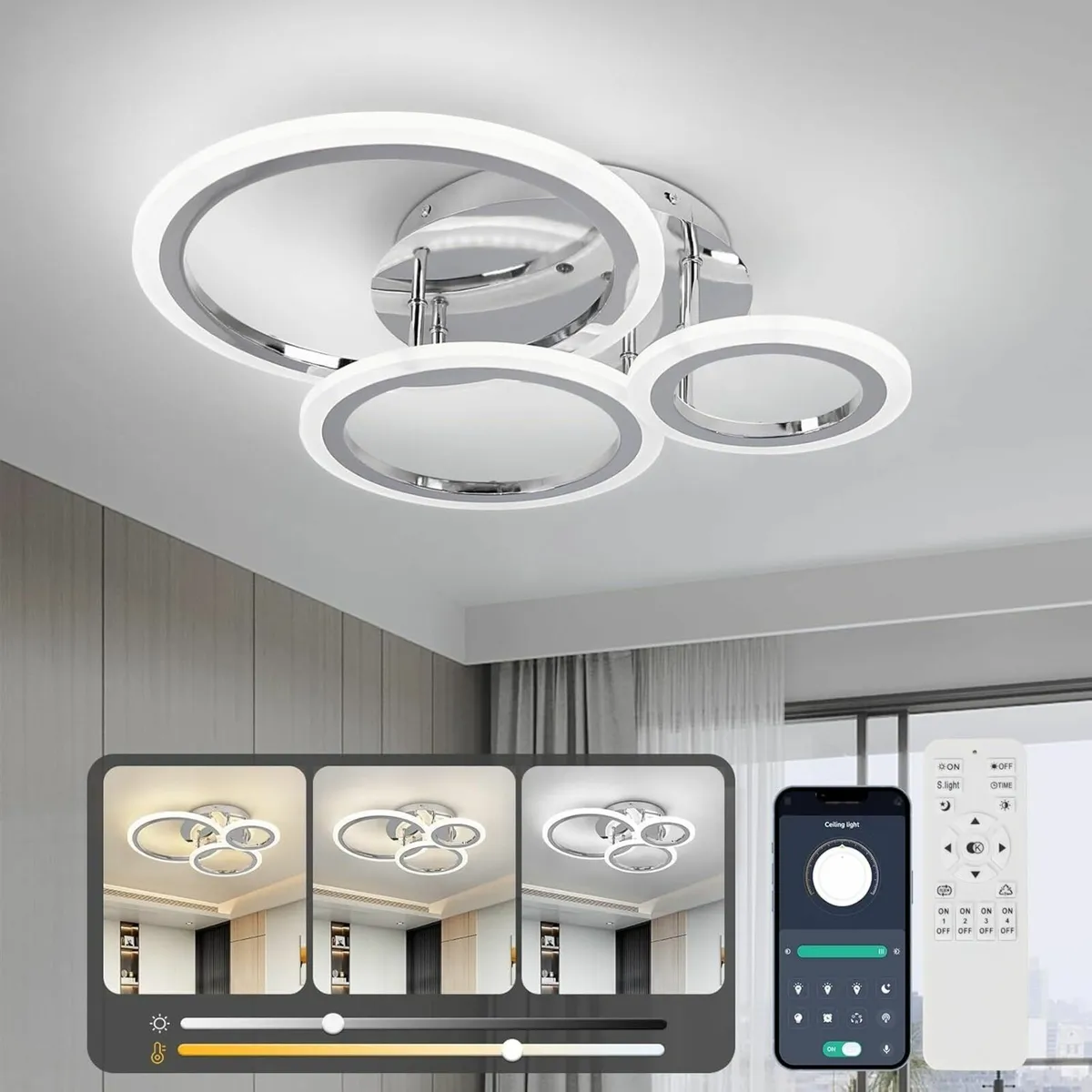 Modern Led Dimmable Ceiling Light 3 Circle Silver - Image 1
