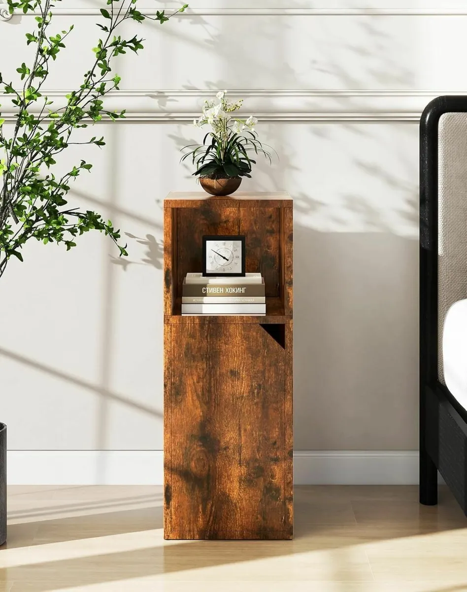 Narrow Bedside Table Set of 2 Slim Side with Open - Image 2