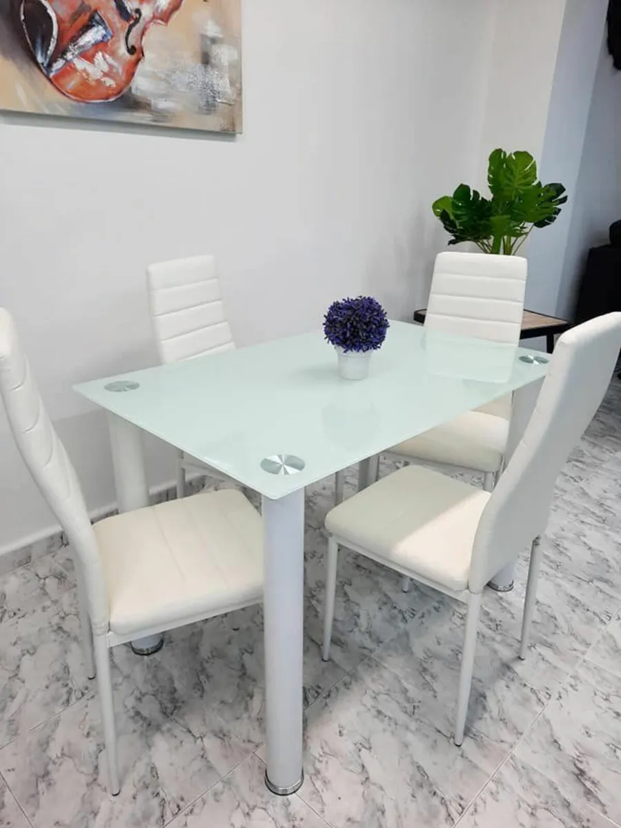 Compact Glass Dining Table Set Seats 4, White - Image 1