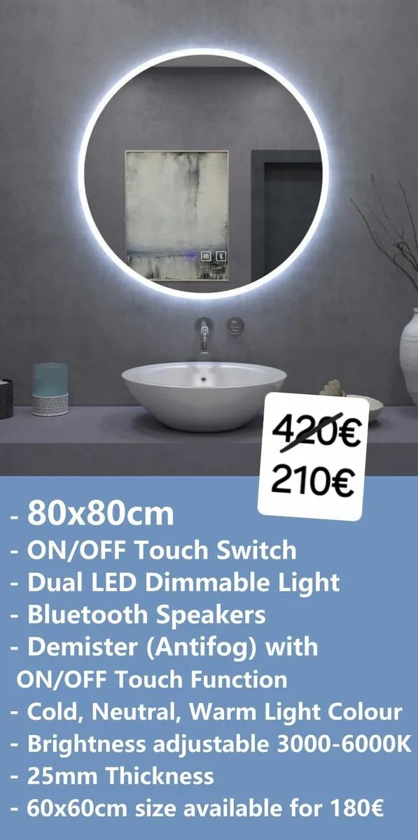 LED Bathroom Mirror Round Speakers Fog Free - Image 2