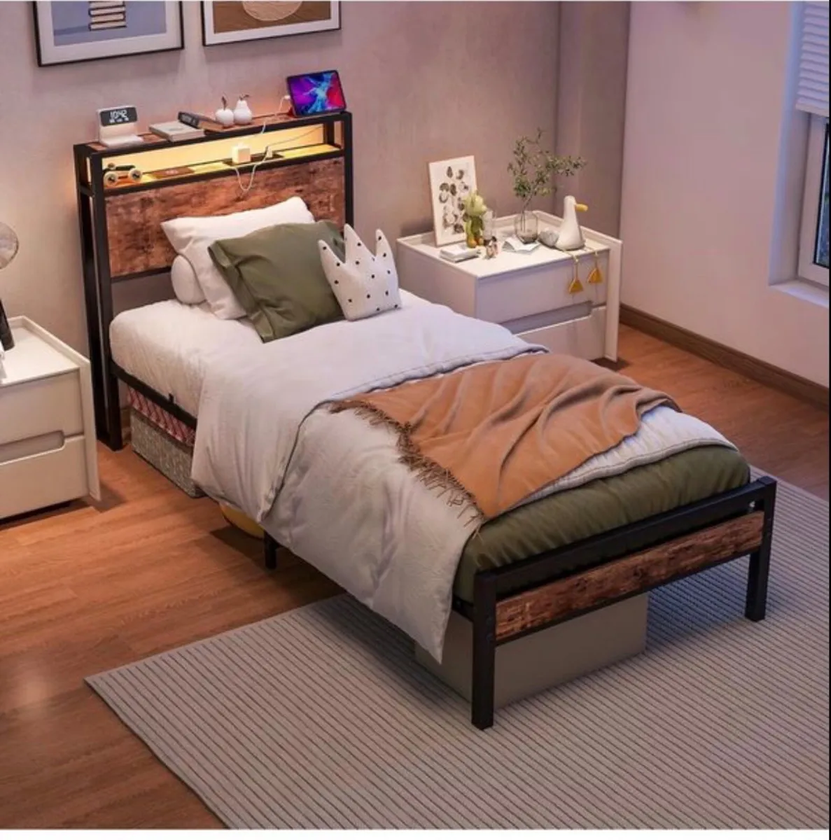 Single Bed Frame with Storage Shelf Headboard & - Image 2