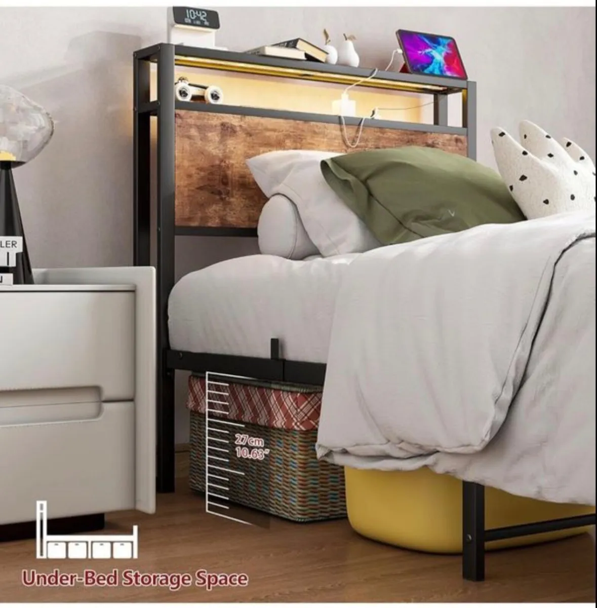 Single Bed Frame with Storage Shelf Headboard & - Image 4