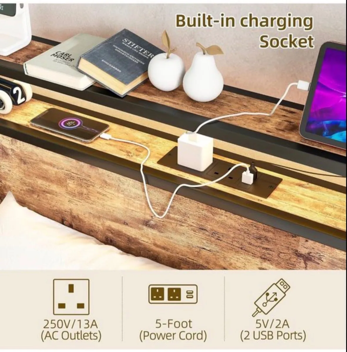 Single Bed Frame with Storage Shelf Headboard & - Image 3