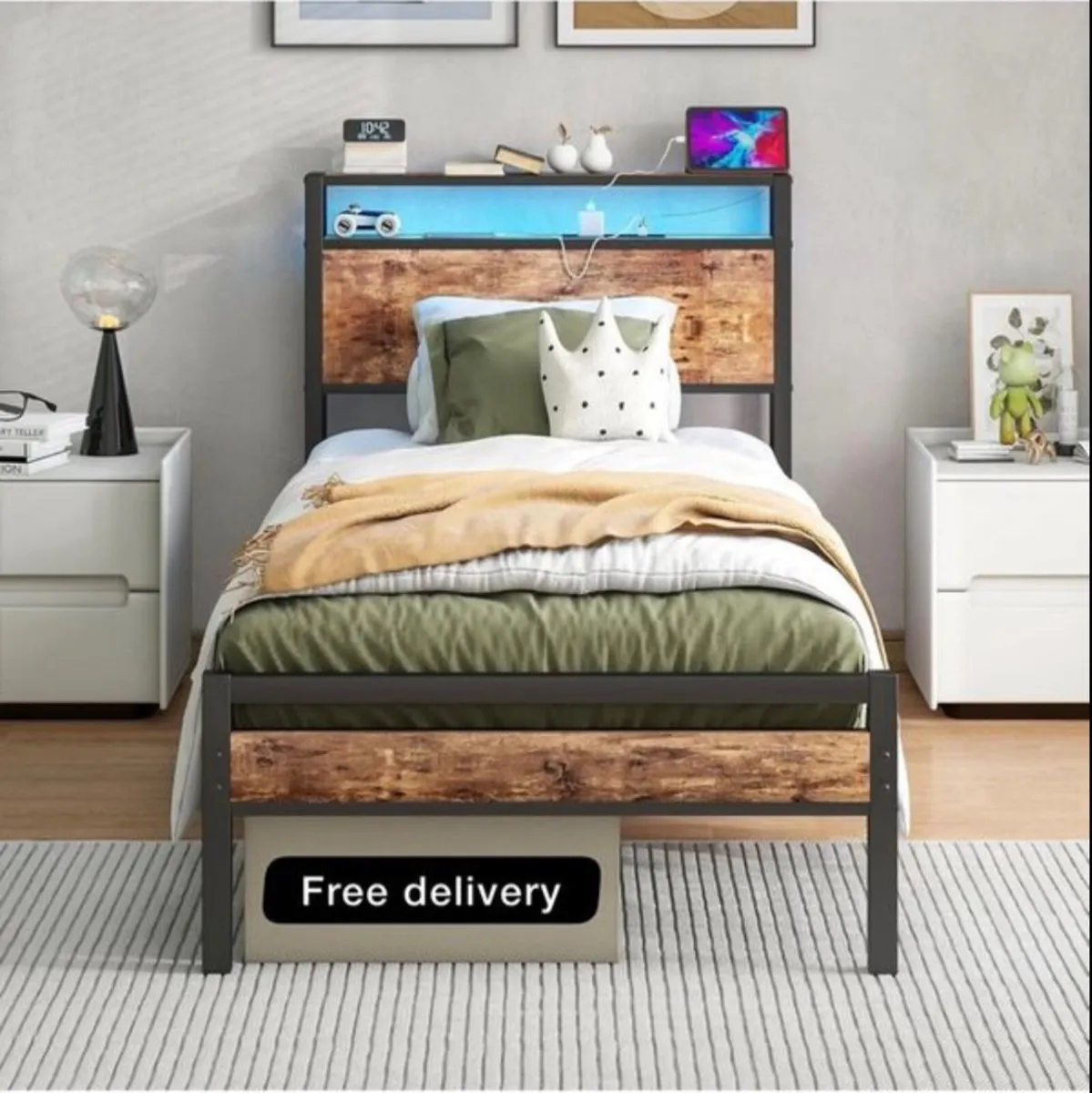 Single Bed Frame with Storage Shelf Headboard & - Image 1