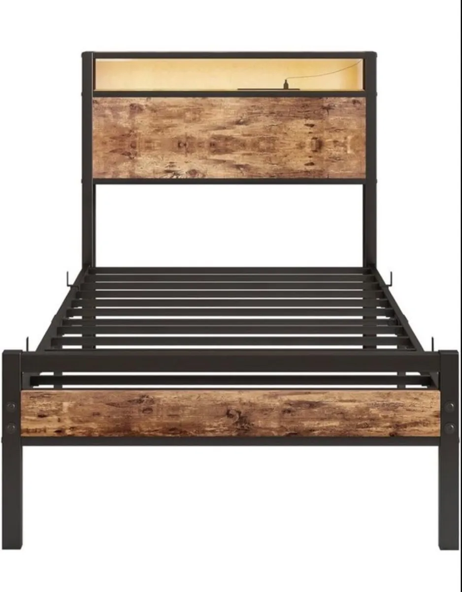 Single Bed Frame with Storage Shelf Headboard & - Image 2