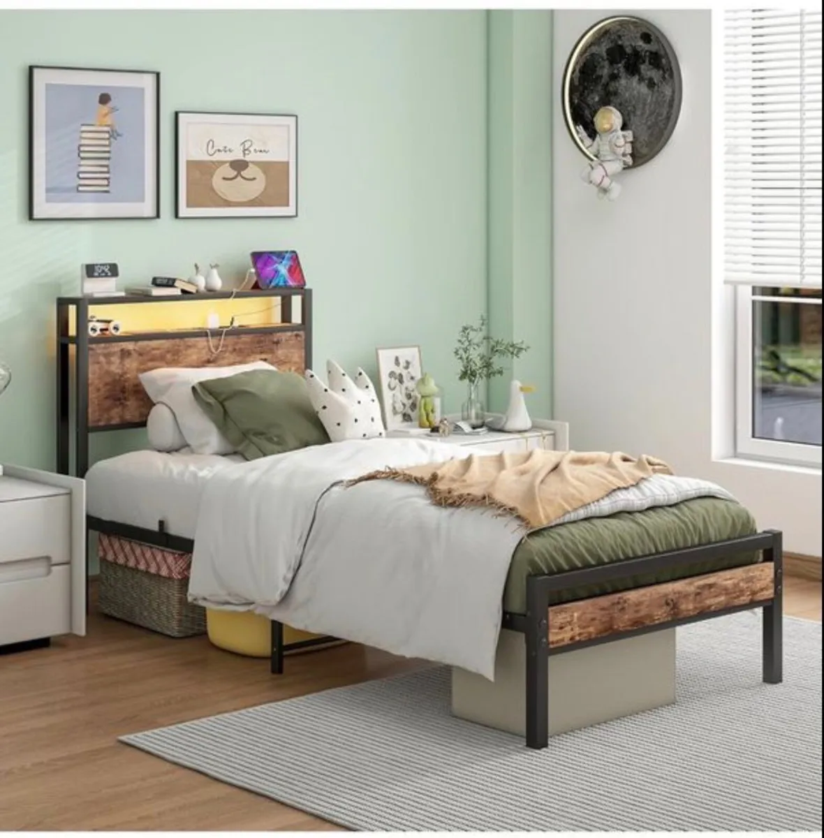 Single Bed Frame with Storage Shelf Headboard & - Image 4