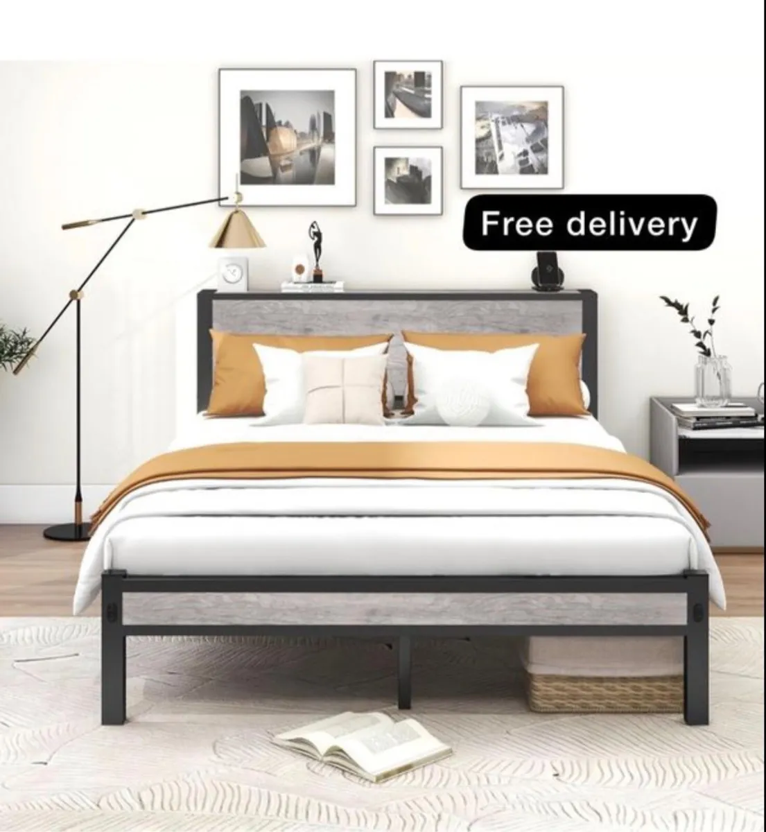 King Size Bed Frame with Storage Wooden Headboard - Image 1