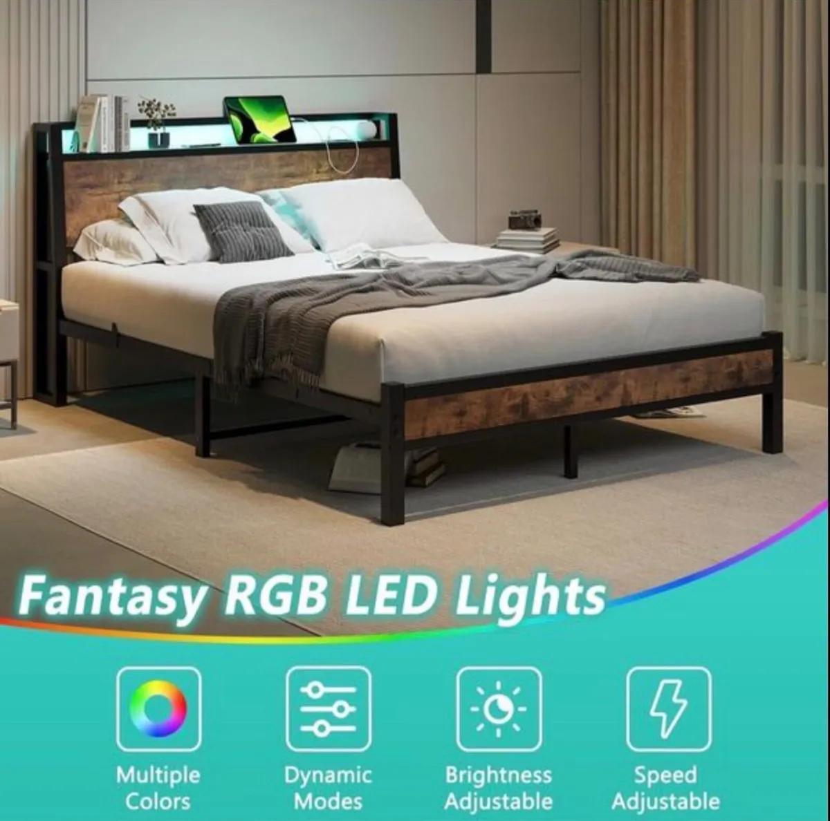 King Size Bed Frame with Charging Station and LED - Image 3
