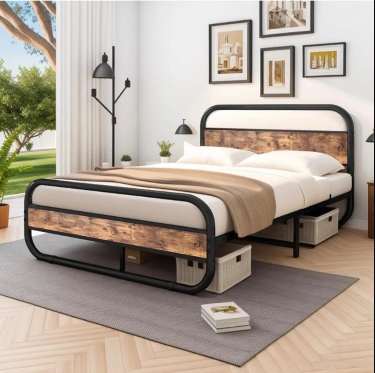 King Size Bed Metal Platform Bed Frame with Wood H - Image 1