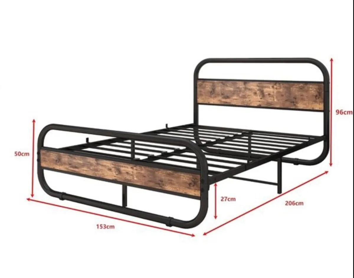 King Size Bed Metal Platform Bed Frame with Wood H - Image 2