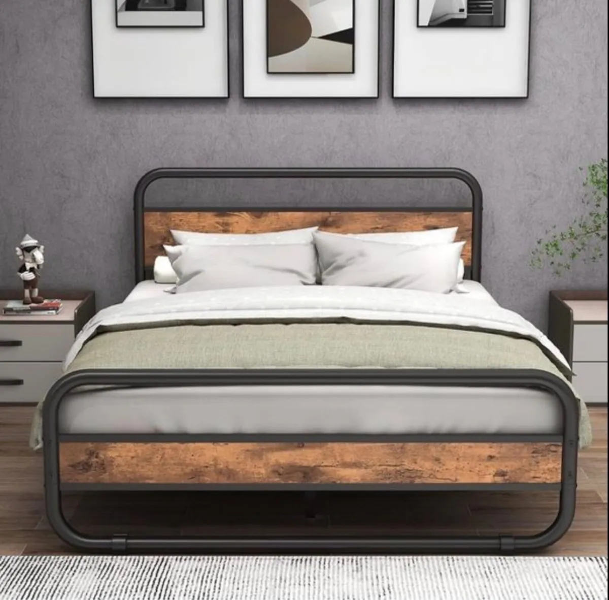 King Size Bed Metal Platform Bed Frame with Wood H - Image 4