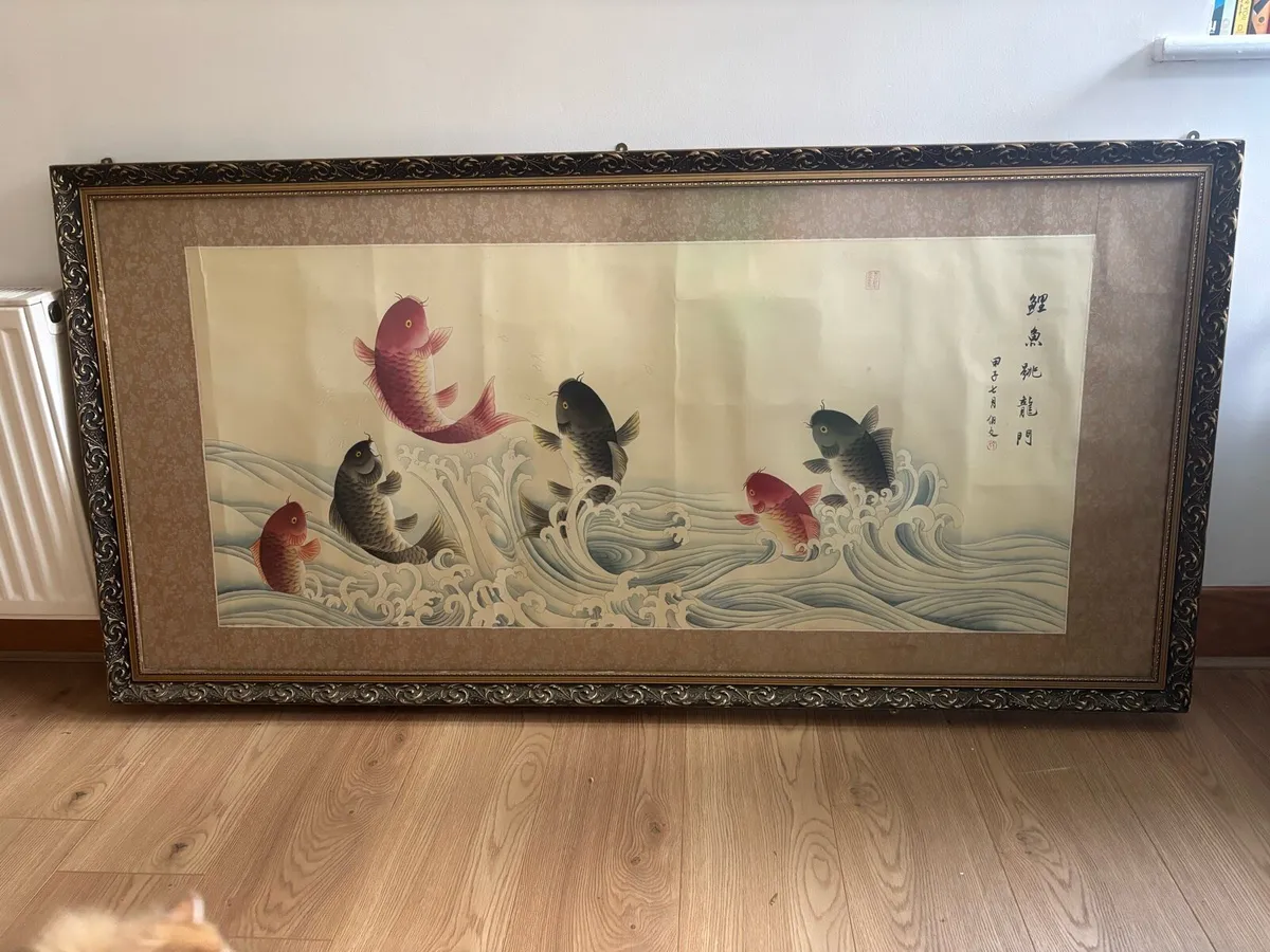Very Large Vintage Carp Painting On Silk - Image 1