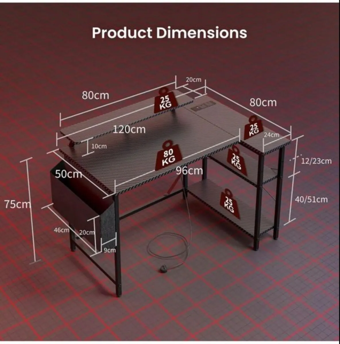 L Shaped Gaming Desk with LED Lights & Power O - Image 2