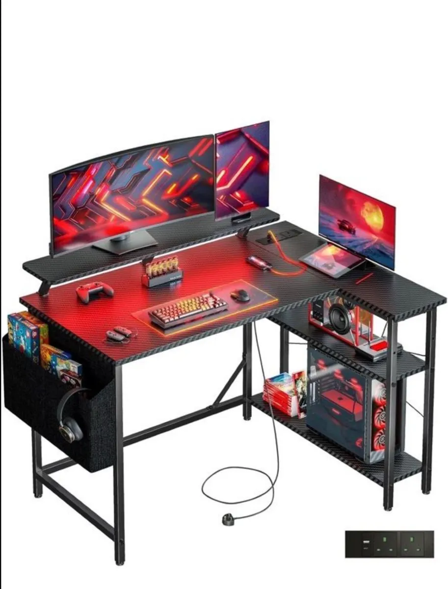 L Shaped Gaming Desk with LED Lights & Power O - Image 3