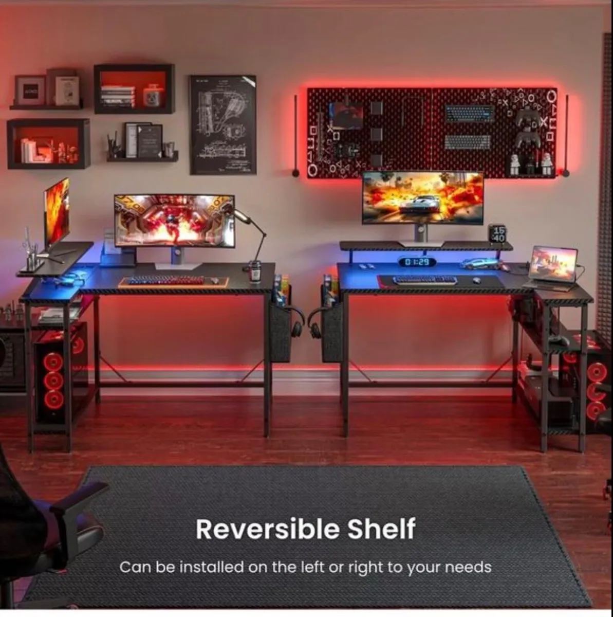 L Shaped Gaming Desk with LED Lights & Power O - Image 4