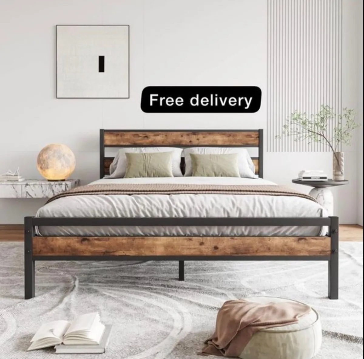 King Size Bed Frame Wood Headboard,Metal - Image 1