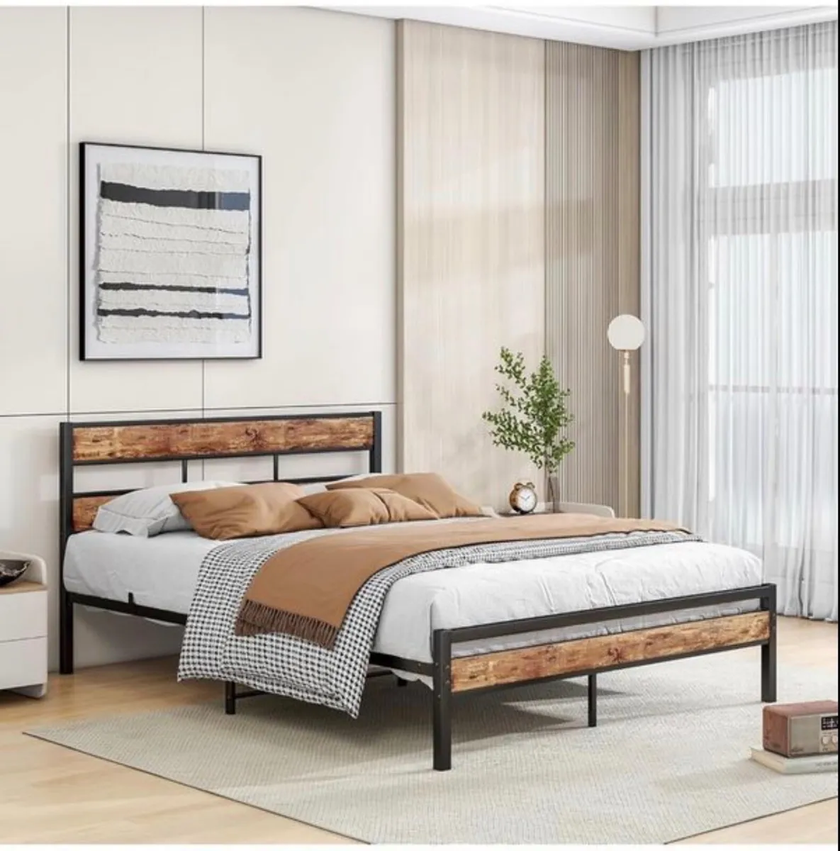 King Size Bed Frame Wood Headboard,Metal - Image 4