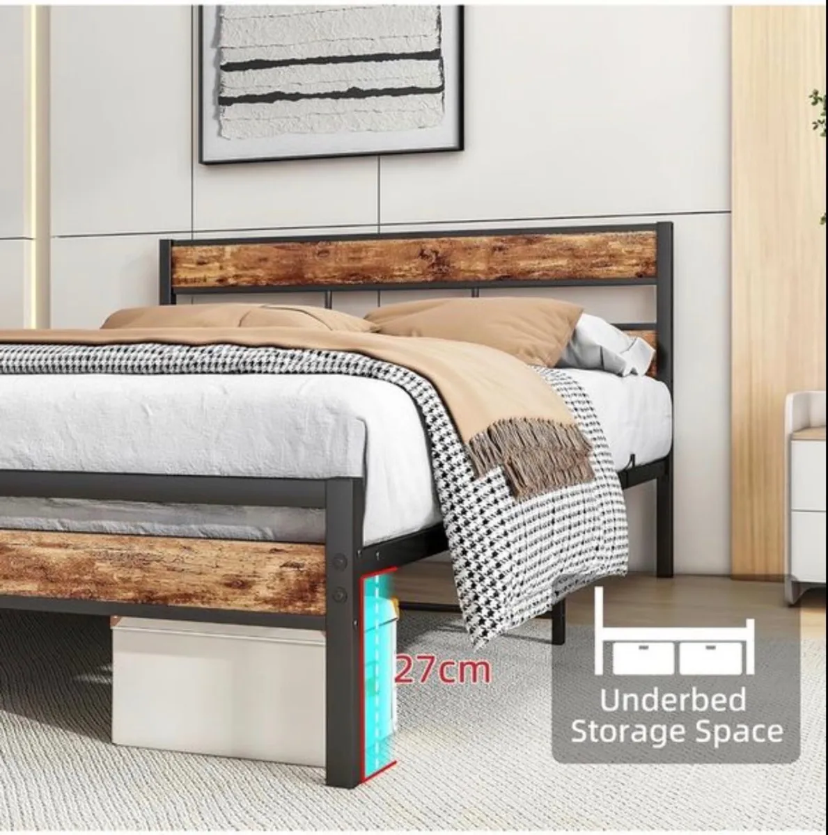 King Size Bed Frame Wood Headboard,Metal - Image 2
