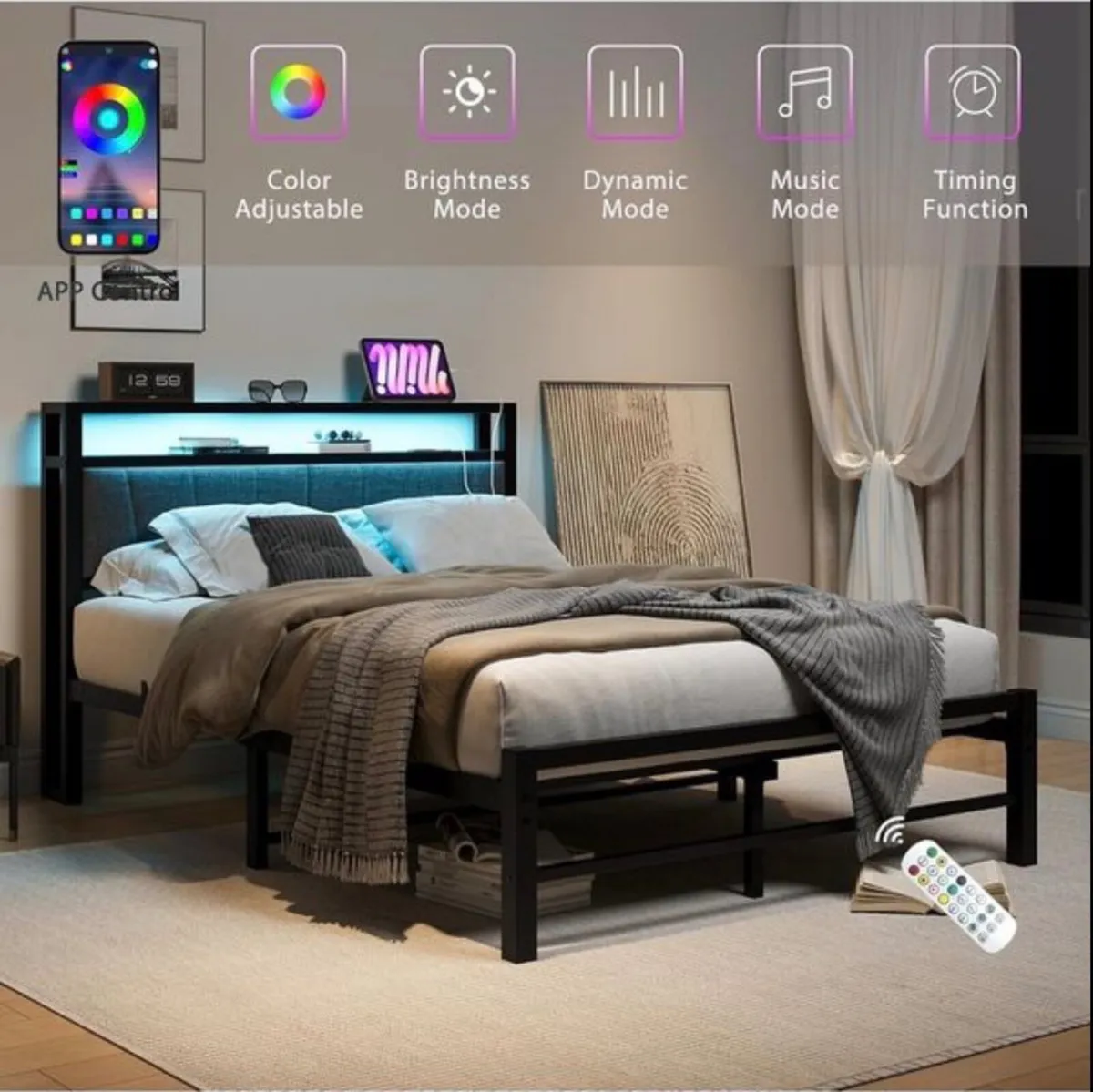 King Size Bed Frame with Storage and LED Lights - Image 4