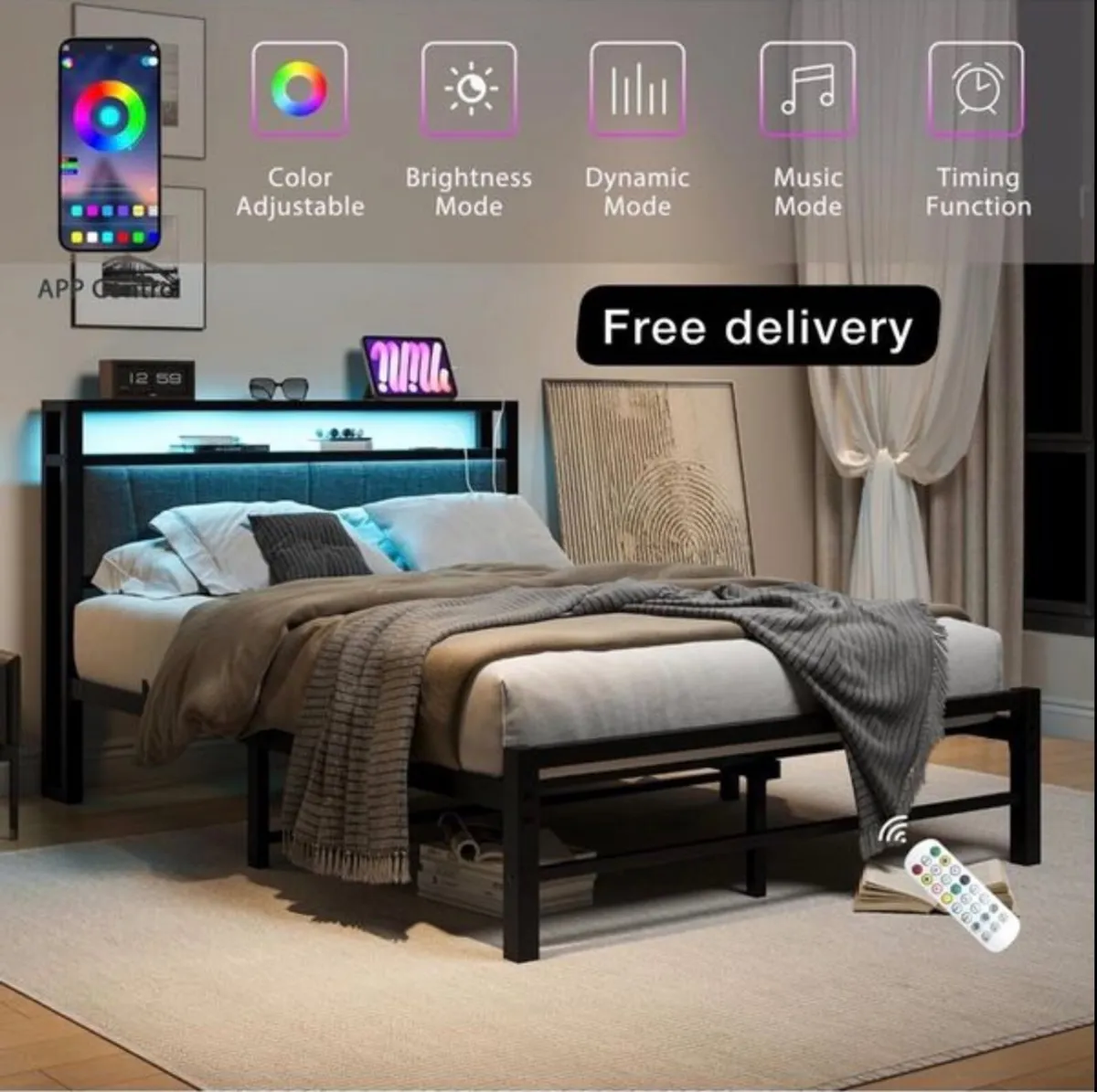 King Size Bed Frame with Storage and LED Lights - Image 1