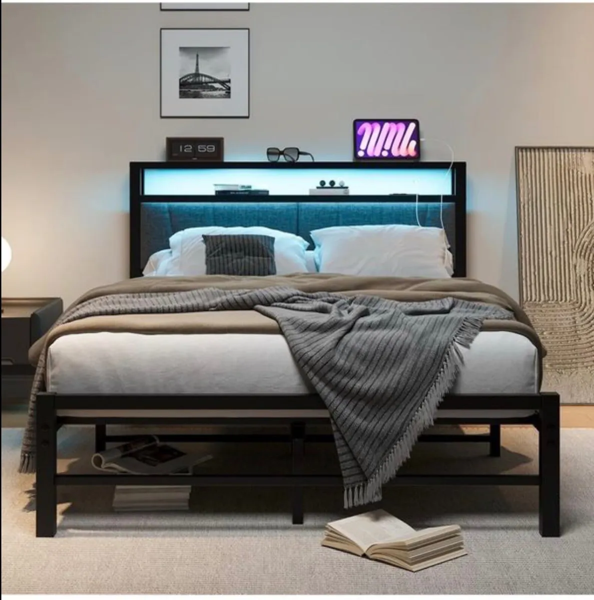 King Size Bed Frame with Storage and LED Lights - Image 1