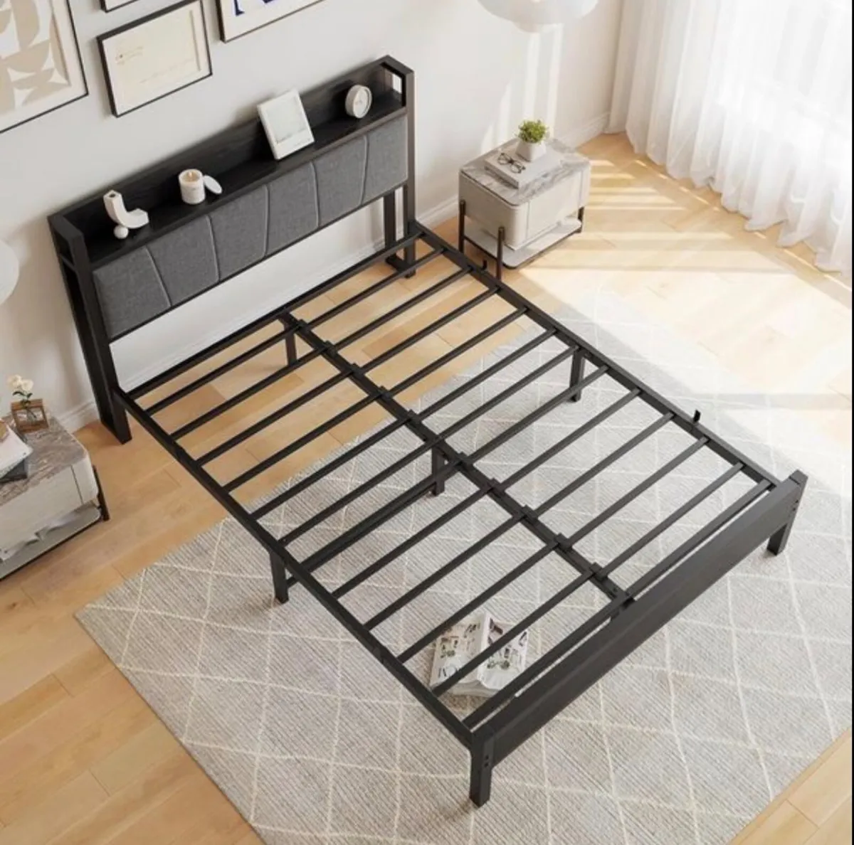 King Size Bed Frame with Storage Wooden Headboard - Image 3