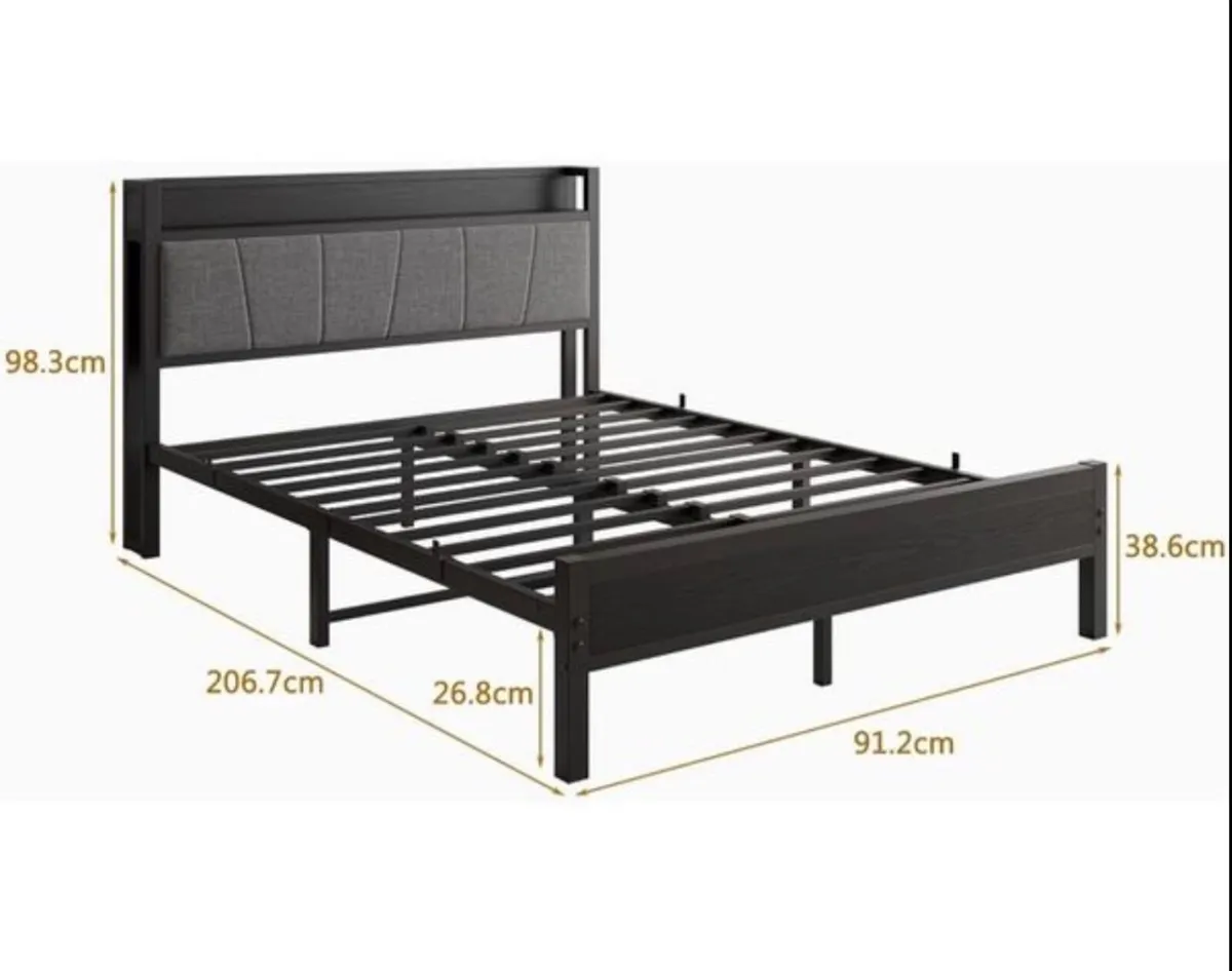 King Size Bed Frame with Storage Wooden Headboard - Image 2